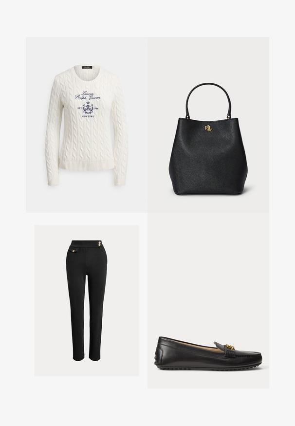 Hvid kabelstrikket sweater med marineblåt broderet "Lauren Ralph Lauren," våbenskjold og teksten "Est. 1996 New York" foran.; Sorte slim-fit bukser med høj talje, dekorative guldknapper på taljen og en lille klaplomme på højre side.; Sort læderloafer med guldbeslag og gummisåle med nitter, vist fra siden på hvid baggrund.; Sort faux læder tote taske med en tekstureret overflade, buet form og et guld logo foran. Har to solide håndtag.