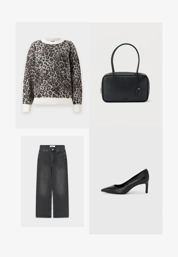 Leopardenmuster-Pullover aus weichtexturiertem Material, mit rundem Ausschnitt sowie cremefarbenem Rippbund und -manschetten. Die Farbgebung umfasst Schwarz, Braun und cremefarbene Töne.; Weit geschnittene schwarze Jeans aus Denim mit einem verwaschenen Finish, ausgestattet mit Knopf- und Reißverschluss, Fünf-Taschen-Design und kontrastierenden Nähten.; Schwarzer, spitz zulaufender High-Heel-Pumps aus Leder mit einem schlanken, mittelhohen Absatz auf einem schlichten hellgrauen Hintergrund.; Schwarze rechteckige Handtasche mit doppelten, abgerundeten Griffen, goldfarbenem Reißverschluss und geprägtem „HUGO“-Logo auf der Vorderseite sowie angebrachtem Lederanhänger.