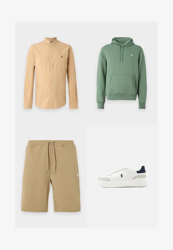 Groene hoodie van zacht materiaal, met een kangoeroezak en een capuchon met trekkoord. Subtiele logo op de borst. Klassieke pasvorm met ribgebreide boorden.; Langarm overhemd van lichtbeige katoen. Heeft een puntige kraag en een klein zwart logo op de linkerborst. Gladde textuur.; Beige katoenen shorts met trekkoord in de taille en een wit geborduurd logo op de rechterdij.; Witte lage sneaker met zwarte hielkap, grijze suède accenten, dikke zool en zwart Polo-logo aan de buitenkant.