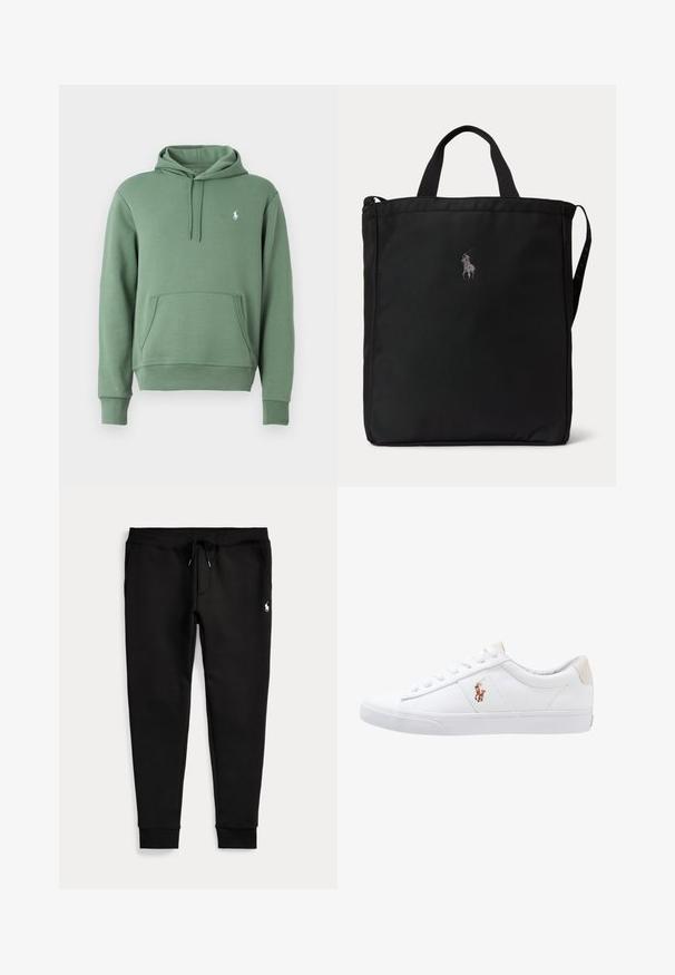 Grüne Kapuzenjacke aus weichem Stoff, mit einer Kängurutasche und Kordelzugkapuze. Dezentes Logo auf der Brust. Klassische Passform mit gerippten Bündchen.; Schwarze Jogginghose mit umgeschlagenen Bündchen, Tunnelzug in der Taille, Seitentaschen und kleinem weißen Polo-Spieler-Logo am rechten Oberschenkel.; Weiße Leinensneaker im Low-Top-Design mit einem beigen Ferseneinsatz und einem kleinen gestickten Logo an der Seite. Gummisohle.; Schwarze rechteckige Tote-Tasche mit kurzen Griffen, einem langen Schulterriemen an der Seite und einem kleinen bestickten Polo-Spieler-Logo in der vorderen Mitte.