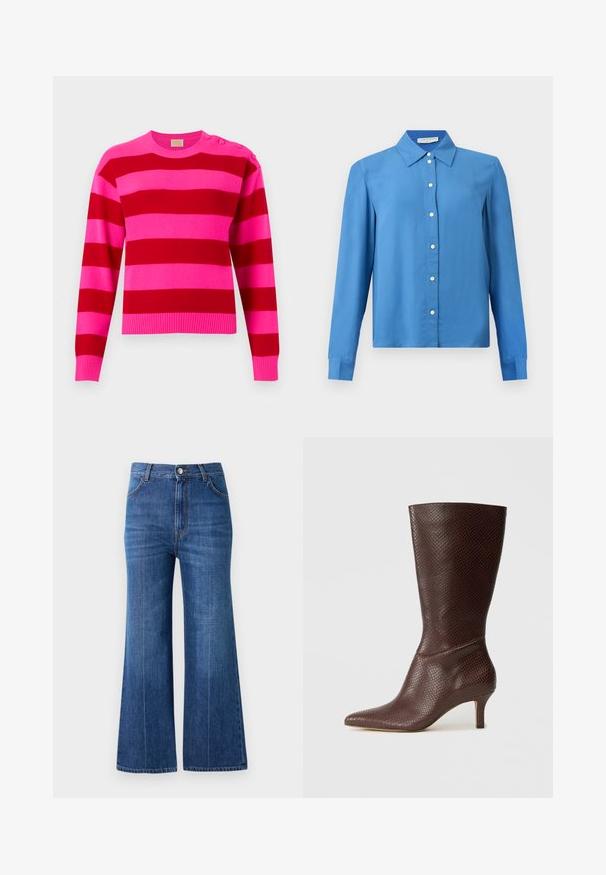 Pull en tricot à manches longues avec de larges rayures horizontales roses et rouges et trois boutons sur l'épaule gauche.; Chemise bleue à manches longues avec col pointu et boutons blancs, présentée sur un fond uni.; Jean large en denim bleu foncé, avec une taille haute, un léger effet délavé et un design classique à cinq poches. Cousu avec un fil de contraste.; Bottine marron en simili cuir avec un bout pointu, un imprimé serpent texturé et un talon de 5 cm, présentant un design élégant et épuré.