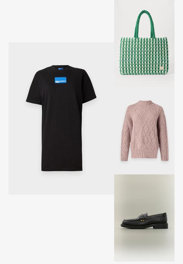 TWINSET Striktrøje - rose/pink lavender/light gold; Sort bomulds T-shirt med afslappet pasform, der har korte ærmer og et blåt rektangulært logo på forsiden. Enkel design, ingen mønstre eller accenter.; Sort læder herre loafer med moc-tå-syning, dekorativ rem med to guldknapper og lav stablet hæl på neutral baggrund.; Grøn og hvid vævet tote taske med en struktureret rektangulær form, tekstureret overflade og to robuste håndtag. Har en logotag på siden.