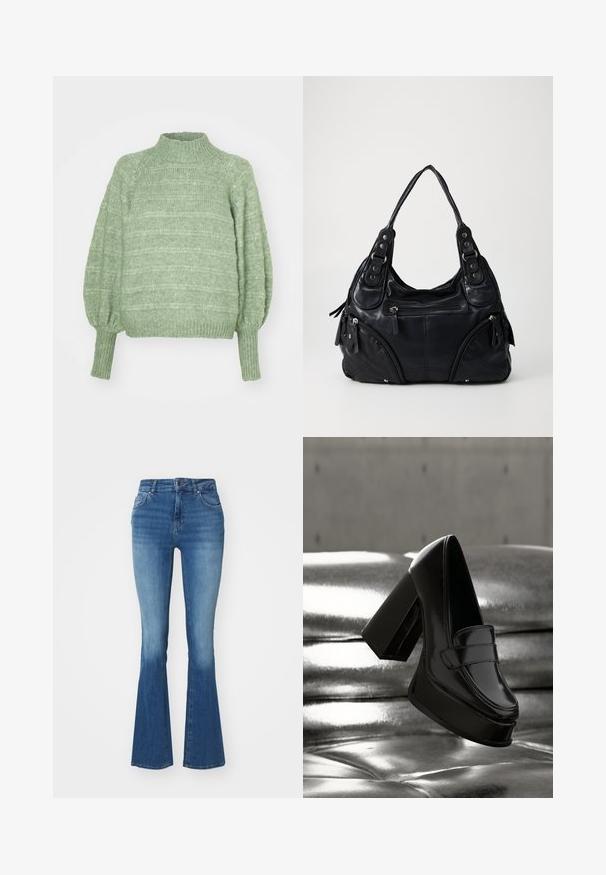Groene gebreide trui met een hoge kraag, lange ballonmouwen en geribbelde boorden. Heeft een textuur met een horizontaal streepjespatroon.; Hoge taille flare jeans in lichtblauwe denim, voorzien van een gladde textuur, een rits met een knoop en twee Franse zakken.; Zwarte lakleren plateau loafer met stevige blokhak zwevend boven een glanzend metalen getufte oppervlak.; Zwarte leren handtas met dubbele handvatten, voorzakken met rits en details van metalen klinknagels, tegen een effen lichte achtergrond.