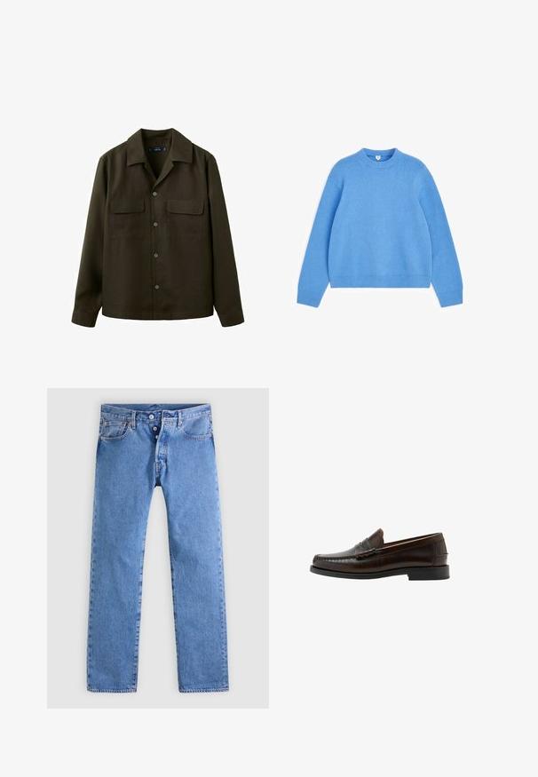 Pull tricoté bleu clair à col rond, manches longues, poignets et ourlet côtelés, posé à plat sur un fond blanc.; Veste-chemise boutonnée vert olive foncé avec deux poches à rabat à l'avant et un col classique.; Jean en denim bleu clair avec une coupe droite, cinq poches et une braguette à deux boutons. Présente un léger délavage et des coutures contrastées.; Mocassin penny en cuir marron foncé avec bout moc cousu, talon bas et finition lisse, présenté de profil sur fond blanc.