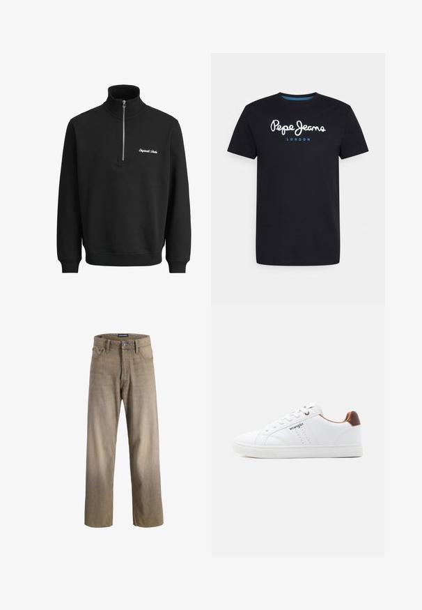 Schwarzer Pullover mit langen Ärmeln, halbem Reißverschluss am Kragen und kleinem weißen, gesticktem Schriftzug auf der linken Brust.; Schwarzes Baumwoll-T-Shirt mit einem weißen Schriftlogo "Pepe Jeans" und blauen Akzenten, Rundhals und kurzen Ärmeln. Einfaches, schlichtes Design.; Hellbraune Jeans aus Denim mit geradem Beinschnitt, ausgestattet mit fünf Taschen und einem Knopfverschluss. Verwaschene Textur mit subtilen Farbverlaufseffekten.; Weißer Low-Top-Sneaker mit weißen Schnürsenkeln, perforierten Details, "Wrangler"-Logo an der Seite und braunem Absatz auf einfarbigem Hintergrund.