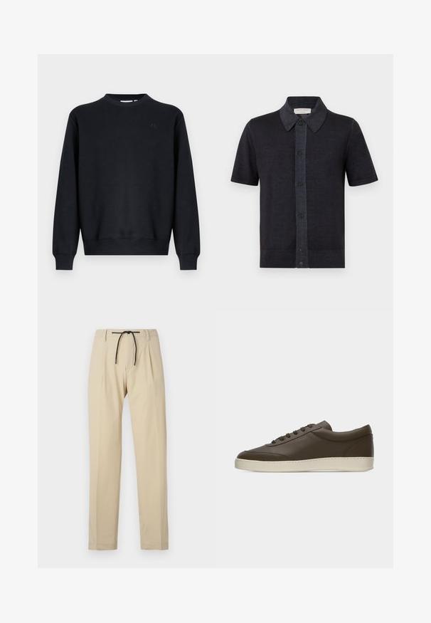 Sort sweatshirt lavet af bomuldsblend. Rund halsudskæring, lange ærmer, ribstrikkede manchetter og kant. Diskret logo på brystet.; Kortærmet, mørkegrå strikket poloshirt med knaplukning foran og krave, vist på en ensfarvet lys baggrund.; Beige bukser med lige pasform, der har snøring i taljen, plisseret front og glat tekstur. Enkel og alsidig design.; Low-top mørkebrun lædersneaker med snørelukning foran og cremefarvet gummisål, vist fra ydersiden mod hvid baggrund.