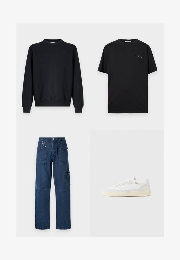Schwarzer Pullover aus Baumwollmischgewebe. Rundhalsausschnitt, lange Ärmel, gerippte Bündchen und Saum. Dezentes Logodetail auf der Brust.; Schwarzes T-Shirt mit kurzen Ärmeln, "Tiger of Sweden" Schriftzug auf der oberen linken Brust, Rundhalsausschnitt und regulärer Passform.; Dunkelblaue Denim-Cargo-Hosen mit geradem Schnitt, ausgestattet mit mehreren Taschen, metallischen Beschlägen und Kontrastnähten.; Weißer Sneaker mit strukturiertem Obermaterial aus Wildleder und Leder. Verfügt über eine runde Zehenpartie, Schnürverschluss und eine kontrastierende beige Gummisohle.