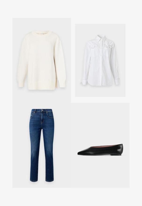 Pull de couleur crème avec un tricot texturé, un col rond et une coupe légèrement oversize. Il comporte des manches longues et des fentes latérales à l'ourlet.; Chemise blanche à manches longues, boutonnée, avec un col et deux poches poitrine, chacune ornée d'un noeud décoratif près du haut.; Jean en denim bleu foncé, avec une coupe droite, un design à cinq poches et une fermeture à bouton en métal à l'avant. Texture lisse, sans motifs visibles.; Chaussure plate en cuir noir pour femme, avec bout pointu et petit talon, vue de côté sur un fond gris clair uni.