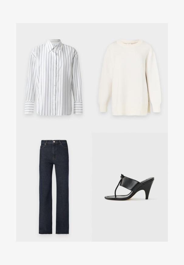 Pull de couleur crème avec un tricot texturé, un col rond et une coupe légèrement oversize. Il comporte des manches longues et des fentes latérales à l'ourlet.; Chemise blanche à manches longues présentant de fines rayures verticales bleues, avec un devant à boutons et un col classique. Tissu en coton lisse, coupe décontractée.; Jean en denim foncé avec une coupe droite, style cinq poches, et une fermeture classique à boutons. Coutures discrètes en accent le long des coutures.; Sandale noire à talon haut avec une large bride avant et une boucle d'orteil dotée d'un détail de corde nouée, vue de profil sur fond blanc.