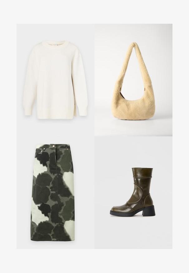 Crèmekleurige trui met een gestructureerde breiwijze, ronde halslijn en een iets oversized pasvorm. Voorzien van lange mouwen en zijsplitten aan de zoom.; Camouflage-patroon denimrok in donkergroen en zwart, met een hoge taille, vier zakken en metallic accenten. Middellange lengte en rechte snit.; Olijfgroene leren enkelboot met een ronde neus, een elastische inzet en een chunky zwarte hak. Gladde textuur en subtiele stiksels.; Beige schapenleren schoudertas met een gebogen handvat en een afgeronde vorm. De textuur is zacht en plush, met minimale hardwareaccenten.