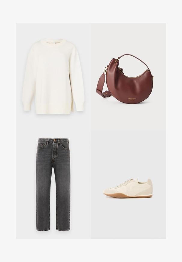Kremfarvet sweater med tekstureret strik, rund halsudskæring og en let oversized pasform. Har lange ærmer og sidesplitter ved kanten.; Mørkegrå jeans lavet af denim, med lige ben, fem lommer og synlige stikninger. Knaplukning i taljen.; Lyse beige sneakers med en tekstureret læderoverdel, teksturerede sider og en gummisål. Har et slankt, strømlinet design og flade snørebånd.; Brun læder håndtaske i halvmåneform med gylden lynlås og justerbar skulderrem på hvid baggrund.