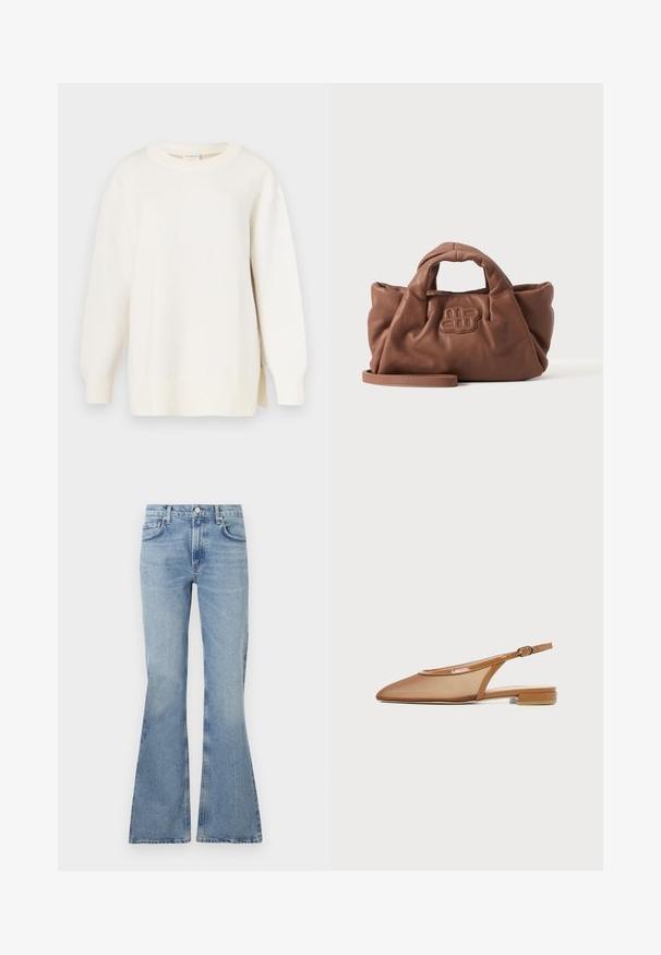 Crèmekleurige trui met een gestructureerde breiwijze, ronde halslijn en een iets oversized pasvorm. Voorzien van lange mouwen en zijsplitten aan de zoom.; Lichtblauwe flared jeans van denim, met een hoge taille, vijf zakken en subtiele vervagingen door de stof.; Bruine platte slingbackschoen met spitse neus, mesh bovenwerk, lakaccent en kleine blokhak, zijaanzicht.; Zachte bruine leren handtas met korte handgrepen, een vooraan gestikt logo en een afneembare lange band op een effen lichte achtergrond.