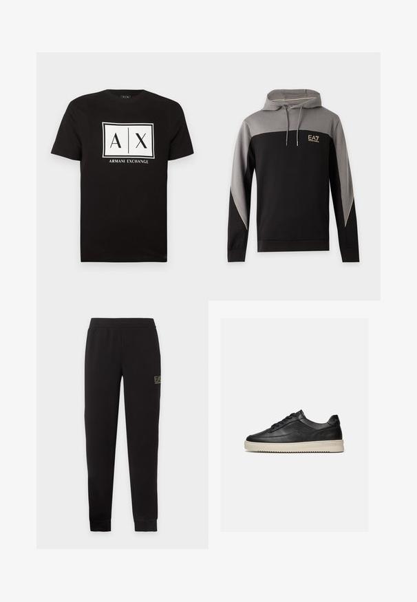 Hanorac cu glugă cu blocuri de culoare negru și gri, mâneci lungi, șnururi și logo EA7 Emporio Armani pe piept.; Tricou negru cu mâneci scurte, cu un logo dreptunghiular alb care afișează textul "A | X" și "Armani Exchange" centrat pe piept.; Pantaloni de trening negri, îngustați, cu talie elastică și manșete, cu un mic logo EA7 Emporio Armani pe partea superioară a coapsei drepte.; Pantof sport piele negru, cu șireturi negre și talpă groasă, din cauciuc de culoare alb-crem, prezentat pe fundal alb.