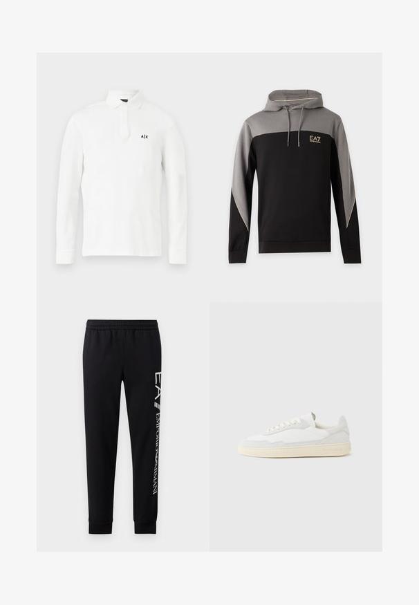 Sweat à capuche avec blocs de couleur noir et gris, manches longues, cordons et logo EA7 Emporio Armani sur la poitrine.; Polo shirt blanc à manches longues en coton, avec un col à boutons et un petit logo noir sur la poitrine gauche. Design simple sans motifs.; Pantalons de survêtement noirs en mélange de coton, dotés d'une taille élastique, de jambes fuselées, de poignets côtelés et d'un imprimé logo blanc sur le côté.; Baskets blanches avec dessus en daim et cuir texturé. Caractérisées par un bout arrondi, une fermeture à lacets et une semelle en caoutchouc beige contrastante.