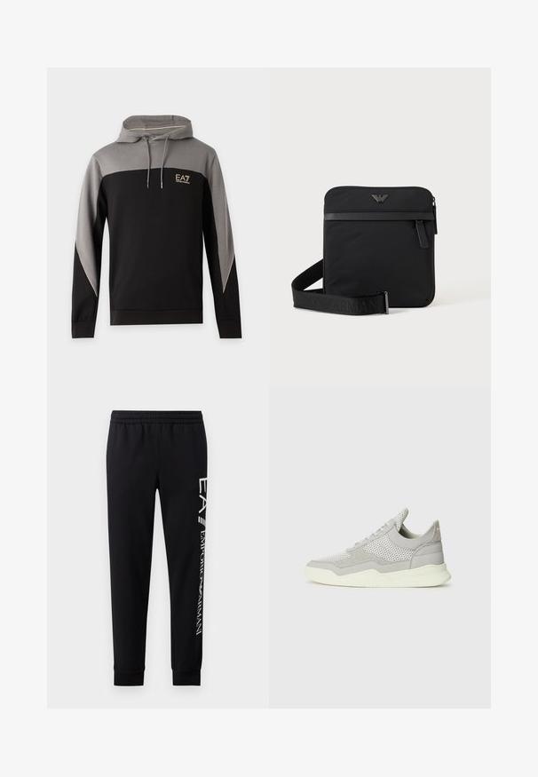 Hoodie met zwarte en grijze kleurvlakken, lange mouwen, koordjes en EA7 Emporio Armani-logo op de borst.; Zwarte sweatpants van een katoenmix, met een elastische tailleband, taps toelopende benen, ribgebreide boorden en een wit logo-opdruk langs de zijkant.; Grijze sneaker met mesh- en suede-secties, rubberen zool en lichte accenten. Heeft een gebogen ontwerp en textuurlakken.; Zwarte vierkante schoudertas met ritssluiting, voorvak en verstelbare band met geperste merknaam.