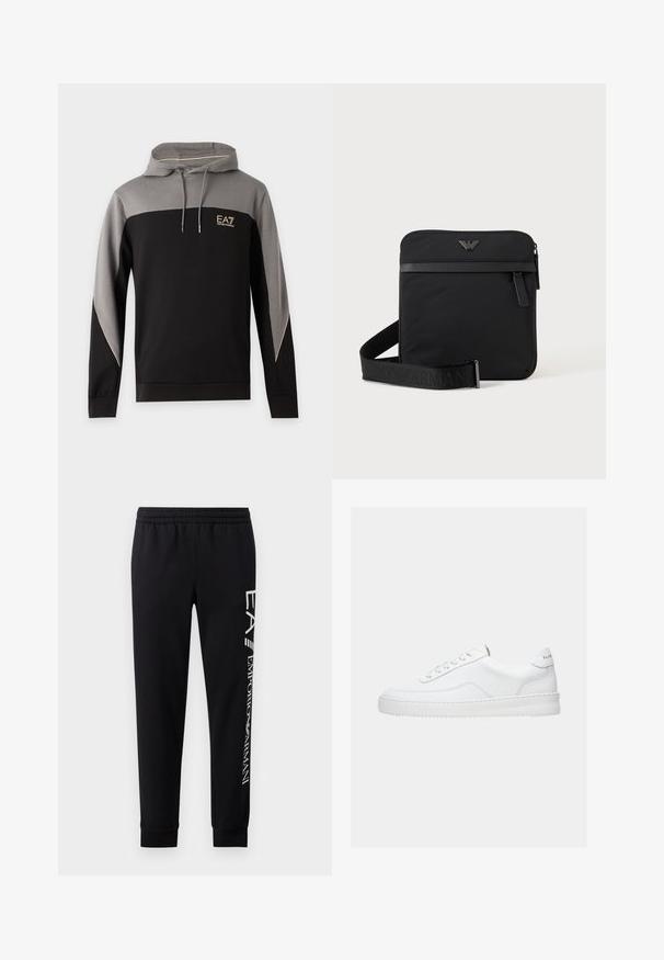 Sudadera con capucha con bloques de color negro y gris, mangas largas, cordones y logotipo EA7 Emporio Armani en el pecho.; Pantalones de chándal negros hechos de una mezcla de algodón, con una cinturilla elástica, piernas estrechas, puños acanalados y estampado de logo blanco en el lateral.; Zapatilla deportiva blanca de corte bajo con diseño con cordones, parte superior de cuero liso y suela gruesa, vista de lado sobre un fondo liso.; Bolso de hombro negro cuadrado con cierre de cremallera, bolsillo delantero y correa ajustable con nombre de marca en relieve.