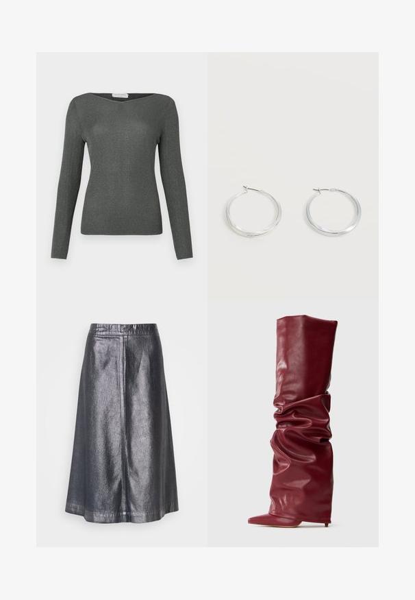 Langsleeve, geribbelde top in donkergrijs met een subtiele glans, met een brede bootnek en een aansluitende pasvorm.; Metallisch zilveren midi-rok met een gladde textuur, A-lijn vorm en een eenvoudige elastische tailleband. Heeft zijnaad voor een gestructureerde uitstraling.; Hoge slungelige bordeaux leren laarzen met puntige neus en lage hak op een effen lichte achtergrond.; Zilverkleurige metalen creolen oorbellen met een glad, licht gebogen oppervlak en sluitingen met haaksluiting op een effen witte achtergrond.