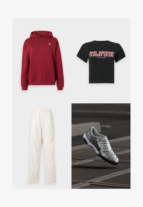 Burgunderfarvet hættetrøje med frontlomme og lille hvid Jumpman-logo på venstre bryst, vist på en neutral baggrund.; Sort cropped t-shirt med lyserødt tekst "AIR JORDAN FLIGHT CLUB" og mindre hvid tekst "OFFICIAL MEMBER" centreret på fronten.; Løse, cremefarvede bukser med elastisk talje og lige ben, vist mod en ensfarvet hvid baggrund.; Sølv Nike sko med en glat finish, der har et snørebåndsdesign og en sort ydersål. Tekstureret overdel med subtile accenter og logo.