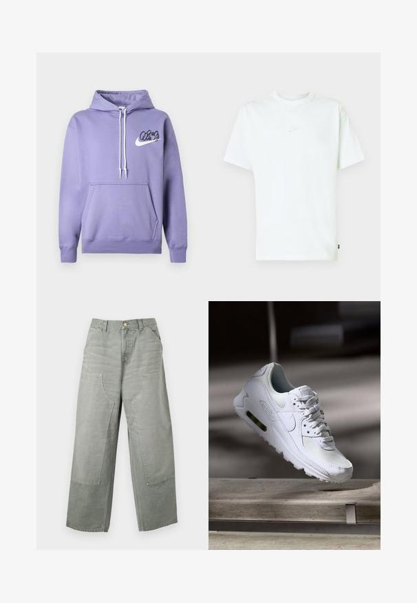 Fialová mikina s kapucňou na šnúrku, prednou vreckom a čiernym logom "Vibe" so symbolom Nike. Vyrobená z mäkkého materiálu s rebrovanými manžetami.; Biele bavlnené tričko s okrúhlym výstrihom, krátkymi rukávmi a malým vyrazeným logom Nike na hrudi. Mäkká textúra a voľný strih.; Voľné sivé nohavice s vysokým pásom a širokými nohavicami, veľké náprsné nášivkové vrecká, pútka na opasok a zapínanie na gombík.; Biele tenisky Nike Air Max 90 s vrchnou časťou z kože a sieťoviny, perforovanou špičkou a viditeľnou vzduchovou jednotkou v päte.