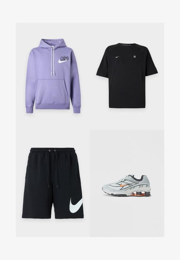 Lila Kapuzenpullover mit Kordelzug, Fronttasche und schwarzem "Vibe"-Logo mit Nike-Swoosh. Aus weichem Stoff mit gerippten Bündchen gefertigt.; Schwarzes Nike-Sportshirt mit kurzen Ärmeln, weißem Swoosh-Logo auf der linken Brust und kleinem quadratischem Emblem auf der rechten Brust, einfarbiger Hintergrund.; Schwarze Baumwoll-Shorts mit elastischem Taillenband, Kordelzug, Seitentaschen und einem großen weißen Nike-Logo, das auf der linken Seite aufgedruckt ist.; Hellgrauer Laufschuh mit schwarzen Akzenten, orangefarbenem Logo, Mesh-Obermaterial, gepolstertem Schaft und Gummisohle mit sichtbaren stoßdämpfenden Einheiten.