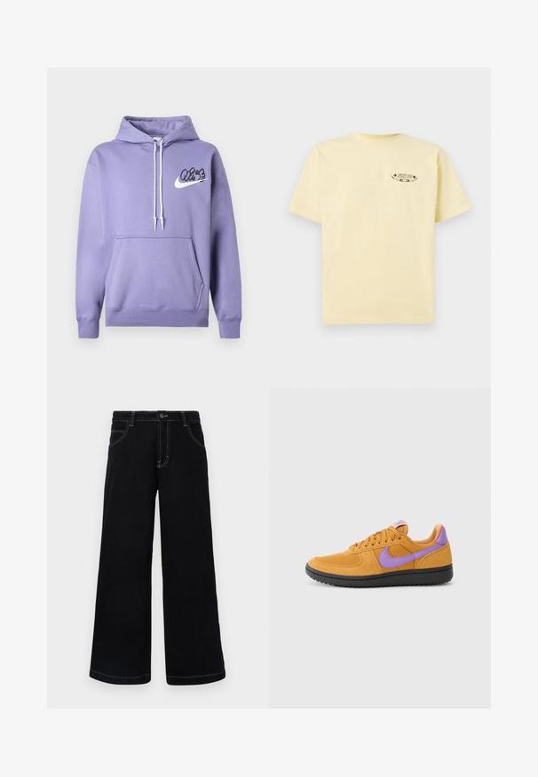 Lilla kapuutsiga dressipluus, millel on nööriga kapuuts, esikott ja must "Vibe" logo Nike swooshiga. Valmistatud pehmest kangast, mille varruka otsad on ribidega.; Kollane puuvillane t-särk lühikeste varrukatega ja ümarate kaelustega, mille vasakus rinnas on trükitud graafiline logo.; Mustad mustad püksid, mis on valmistatud denimist, nup closures, viis taskut ja kontrastsed valged õmblused õmblustes.; Oranžid nahk-sneakerid lilla aktsentidega, millel on nööridega sulgemine, ümar varvas ja tekstuuriga must kummitald.