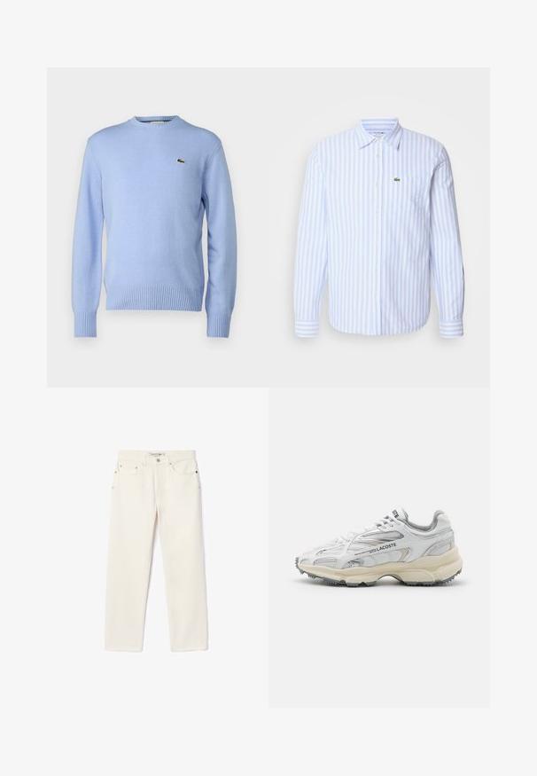 Helles blaues Strickpullover mit geripptem Saum und Bündchen, ausgestattet mit einem kleinen grünen Krokodil-Logo auf der Brust. Klassisches Rundhalsdesign.; Helles blau-weiß gestreiftes Langarmhemd mit Button-Down-Kragen und einer Brusttasche, die ein kleines besticktes Logo zeigt. Baumwollstoff.; Cremefarbene Jeans aus Denim mit geradem Bein, ausgestattet mit zwei Fronttaschen, einem Knopfverschluss und subtiler Markenkennzeichnung nahe dem Bund.; Weiße Sportschuhe mit grauen Akzenten, Obermaterial aus Mesh und Synthetik, Schnürdesign und rutschfester Gummisohle mit Strukturmustern.