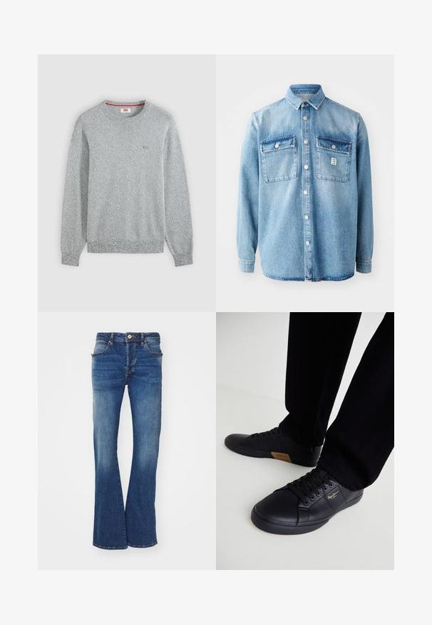Hellgrauer strukturierter Strickpullover mit Rundhalsausschnitt und langen Ärmeln sowie kleinem Levi’s-Logo auf der linken Brust.; Hellblaues Denimhemd mit langen Ärmeln, Punktkragen, zwei Brusttaschen und Knopfverschluss vorne. Verfügt über eine dezente Stofftextur und Nähdetails.; Hellblaue Denim-Jeans mit einem mittelhohen Bund, fünf Taschen und subtilen Auswaschungen. Der Stoff hat eine klassische Textur und einen sauberen Abschluss.; Schwarze Sneakers aus Leder mit schlankem Design, ausgestattet mit einer strukturierten Oberfläche, runder Schuhspitze und schwarzen Schnürsenkeln. Goldenes Logo-Detail an der Seite.