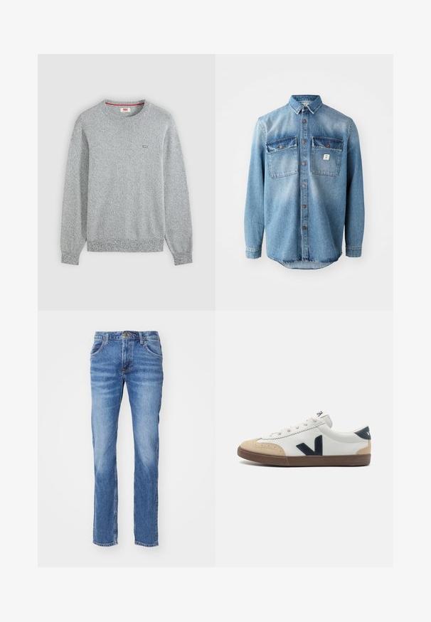 Vaaleanharmaa, tekstuuriintoinen neulottu pyöreäkauluksinen villapaita, jossa on pitkät hihat ja pieni Levi's-logo vasemmassa rinnassa.; Vaaleansininen farkkupaita, jossa on pitkät hihat, kaksi rintataskua, nappisuljenta etuosa ja tummemmat taskujen yläosat kontrastina. Sisältää pyöristetyn helman.; Siniset farkut suoran lahkeen muotoilulla, joissa on viisi taskua ja napitus. Hieman haalistunut pinta, joka antaa kuluneen ilmeen.; Valkoiset nahkakengät, joissa on beigellä varvaskärki, tummansininen sivuttainen "V"-logo ja ruskea kumipohja. Varustettu ympyrälankarvoilla ja tekstuuripinnoilla.