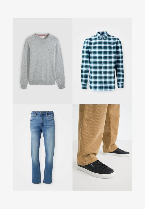 Lichtgrijze, gestructureerde, gebreide trui met ronde hals, lange mouwen en een klein Levi’s-logo op de linkerborst.; Groene en witte geblokte overhemd met lange mouwen, een button-down kraag en knopen aan de voorkant. Gemaakt van lichtgewicht stof, met een gestructureerd ontwerp.; Lichtblauwe denim jeans met een rechte pasvorm, voorzien van een klassiek vijf-pocket ontwerp, subtiele wassing en contrasterende stikseldetails.; Zwarte leren sneakers met witte rubberen zolen. Draagt een paar tan corduroy broeken met verticale ribbels en een ontspannen pasvorm.