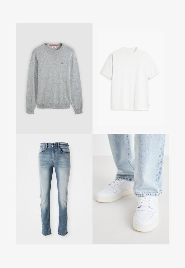 Pull en maille texturée gris clair à col rond avec manches longues et petit logo Levi's sur la poitrine gauche.; T-shirt en coton blanc à manches courtes, col rond, avec un logo "Levi's" discret imprimé en couleur claire sur le devant.; Jeans en denim bleu clair avec un design classique à cinq poches, une décoloration subtile et une coupe droite. Comprend une fermeture à bouton et des passants de ceinture.; Baskets basses en cuir blanc avec un bout perforé, des lacets plats et un design minimaliste. Associées à un jean en denim bleu clair.