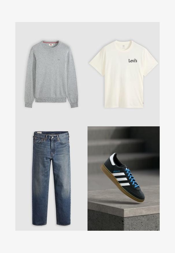 Lichtgrijze, gestructureerde, gebreide trui met ronde hals, lange mouwen en een klein Levi’s-logo op de linkerborst.; Witte T-shirt met korte mouwen en ronde hals met klein zwart Levi's-logo op de linkerborst tegen een effen achtergrond.; Donkerblauwe spijkerbroek van denim met een losse pasvorm, rechte pijpen, vijf steekzakken en subtiele vervaging op de dijen. Zilveren knoop en klinknagels.; Zwarte Adidas-sneaker met witte strepen, blauwe veters en een gumzool die boven een grijze betonnen trede zweeft in zacht licht.