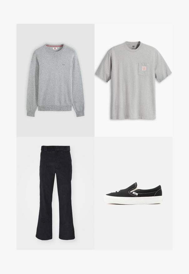 Jersey de punto texturizado gris claro con cuello redondo, mangas largas y un pequeño logo de Levi's en el pecho izquierdo.; Camiseta de algodón gris de manga corta, con un bolsillo en el pecho que presenta una etiqueta roja. Cuello tipo crew y corte relajado.; Pantalones de pana negros con un corte relajado, que presentan una cinturilla clásica y piernas acampanadas, textura suave y sin patrones o acentos visibles.; Zapatilla Vans negra sin cordones con suela de goma blanca, costuras blancas y detalles elásticos en los laterales, vista desde el lado exterior.