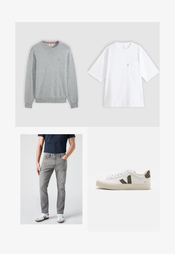 Lysegrå tekstureret strik crewneck sweater med lange ærmer og en lille Levi's-logo på venstre bryst.; Hvid bomulds-T-shirt med korte ærmer, rund hals og lomme på venstre bryst. Har en lille rød logoetiket på lommen.; Mand iført grå slim-fit jeans, hvide sneakers med sorte striber og en mørkeblå kortærmet skjorte, står med den ene hånd i lommen.; Hvide læder sneakers med en lys beige gummisål. Har en brun ruskinds V-logo og hælflap. Snørret lukning med en struktureret overflade.