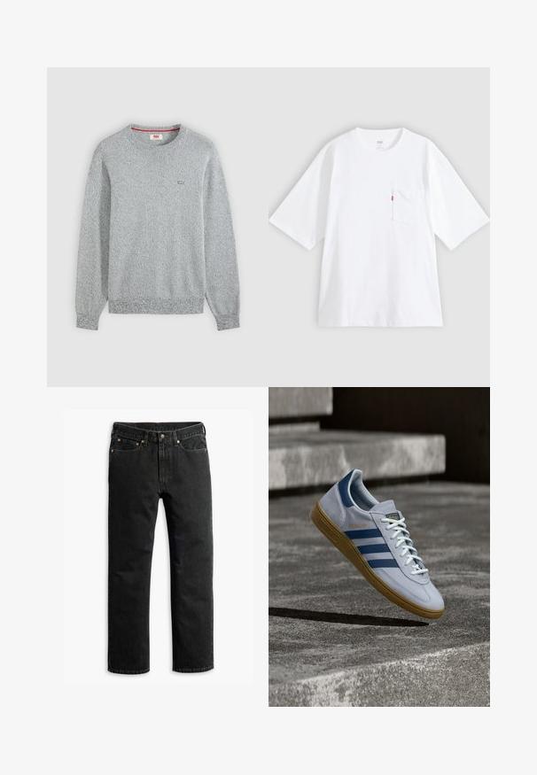 Hellgrauer strukturierter Strickpullover mit Rundhalsausschnitt und langen Ärmeln sowie kleinem Levi’s-Logo auf der linken Brust.; Weißes Baumwoll-T-Shirt mit kurzen Ärmeln, rundem Ausschnitt und Brusttasche auf der linken Seite. Mit kleinem rotem Logotag an der Tasche.; Schwarze Jeans im geraden Schnitt mit fünf Taschen, Gürtelschlaufen und einem Knopfverschluss an der Taille, flach auf einem weißen Hintergrund ausgelegt.; Hellblauer Adidas Spezial Sneaker mit dunkelblauen Streifen und Gummisohle, in der Luft über Betontreppen in neutralem Außenbereich gezeigt.