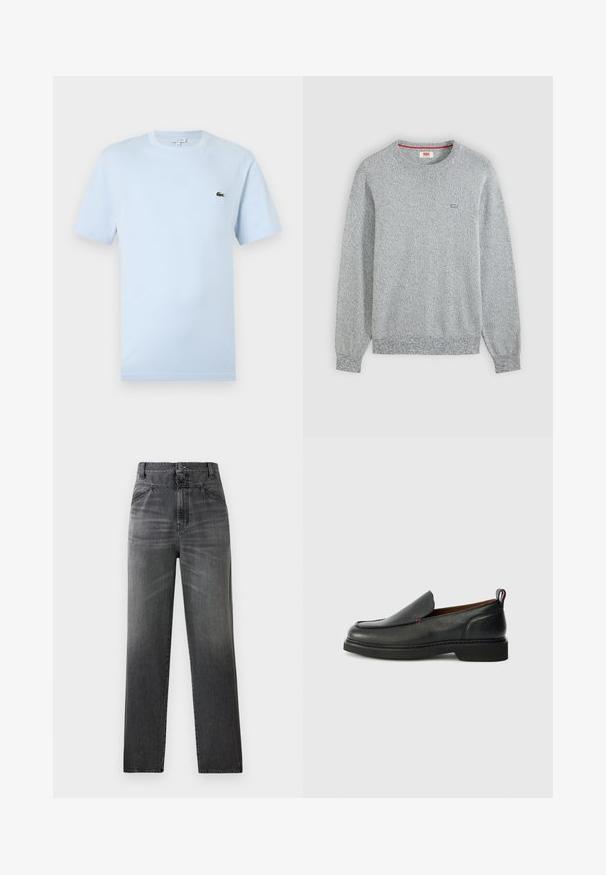 Pull en maille texturée gris clair à col rond avec manches longues et petit logo Levi's sur la poitrine gauche.; T-shirt à manches courtes bleu clair en coton doux. Présente un petit logo de crocodile brodé en vert sur la poitrine.; Jeans en denim gris foncé présentant une taille haute, une coupe droite, et une texture délavée avec poches avant et fermeture à un bouton.; Chaussure slip-on en cuir noire avec un bout rond, un dessus texturé, des coutures rouges contrastantes et un petit talon. Présente une languette en boucle.