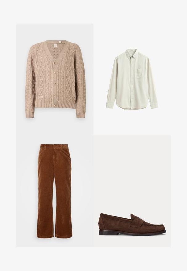 Cardigan beige de punto grueso con escote en V, seis botones en la parte delantera y puños y dobladillo acanalados.; Camisa beige de manga larga con botones, bolsillo frontal en el pecho y cuello clásico, mostrada extendida sobre un fondo blanco.; Pantalones de pana marrón con un diseño de pierna ancha, que presentan una textura acanalada vertical, cierre de botón y trabillas para cinturón estándar.; Zapato tipo loafer de ante marrón con tacón bajo y costuras visibles en la punta, el lateral y la parte trasera, mostrado sobre un fondo claro y liso.