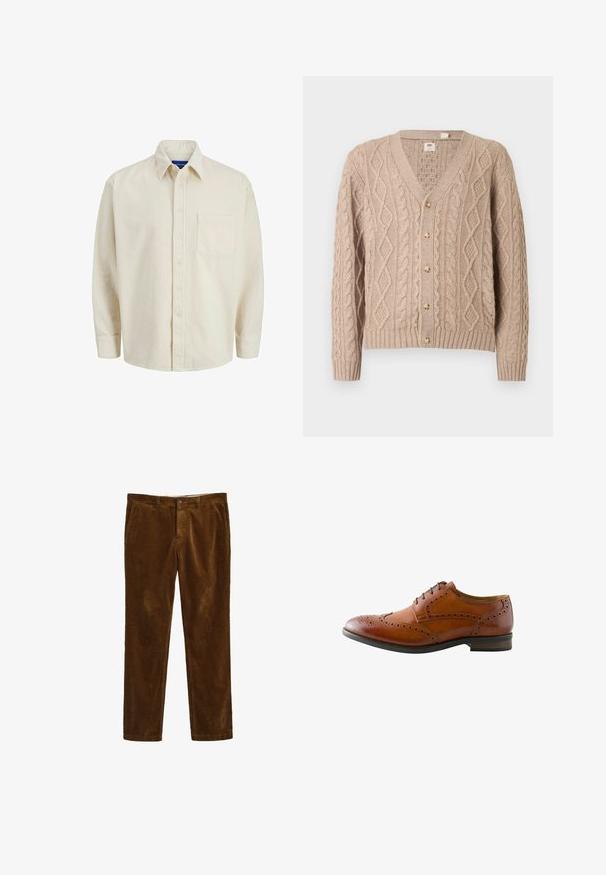 Beige kabelstrikket cardigan med V-udskæring, seks knapper foran og ribstrikkede manchetter og kant.; Beige corduroy skjorte med knaplukning foran, krave, lange ærmer og en enkelt brystlomme. Har smalle lodrette striber.; Brune corduroy bukser med et lige ben-design, der har en frontlukning med knap og to sidelommer. Tekstiler med ribbet mønster.; Brun læder herres brogue fest sko med vingetip perforering og sorte snørebånd, vist fra ydersiden.