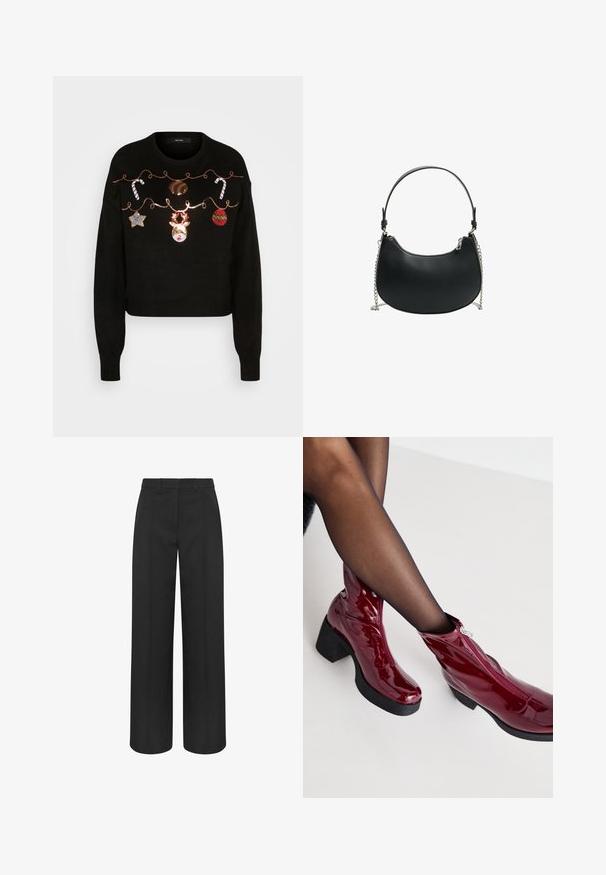 Sort cropped sweater med festlig broderi, herunder et ren, pynt, slikkepinde og en stjerne mod en tekstureret baggrund.; Sorte sortevidde bukser med høj talje, bæltestropper og frontpres seams, skræddersyet til et formelt eller professionelt udseende.; Røde ankelstøvler i patenteret læder med en kraftig sort hæl og lynlåsdetalje. Glat tekstur, elegant design med en rund tå.; Sort læder håndtaske med en buet silhuet, en kort justerbar rem og en kædeaccent. Har en lynlåslukning og en glat overflade.