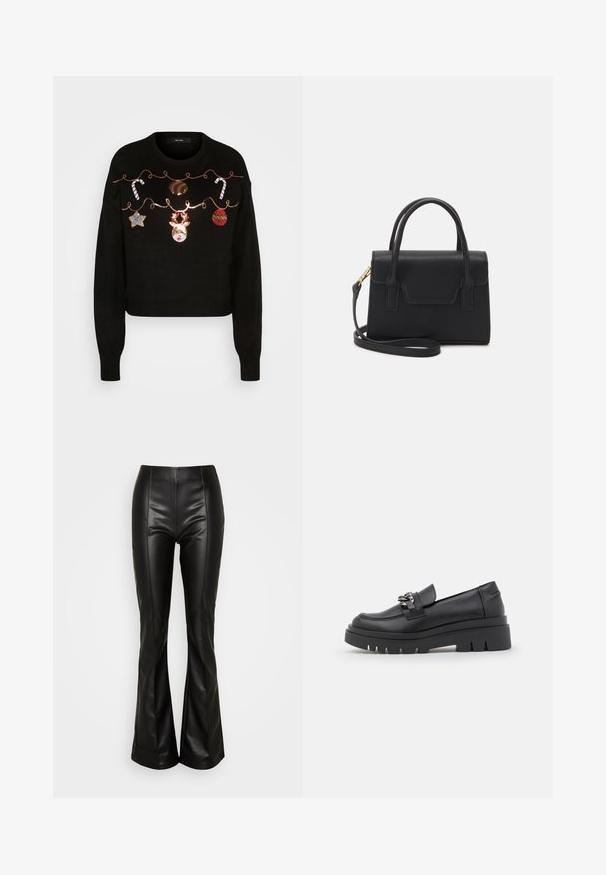 Sort cropped sweater med festlig broderi, herunder et ren, pynt, slikkepinde og en stjerne mod en tekstureret baggrund.; ONLY ONLIDINA FLARE PANT - Bukser - black; Sort loafersko med en kraftig platformsål, glat læderoverdel, dekorativ kædeaccent og let hæl med notched detalje.; Sort struktureret håndtaske lavet af læder med et topgreb, aftagelig skulderrem og detalje med frontklap. Guldhardware accenter.