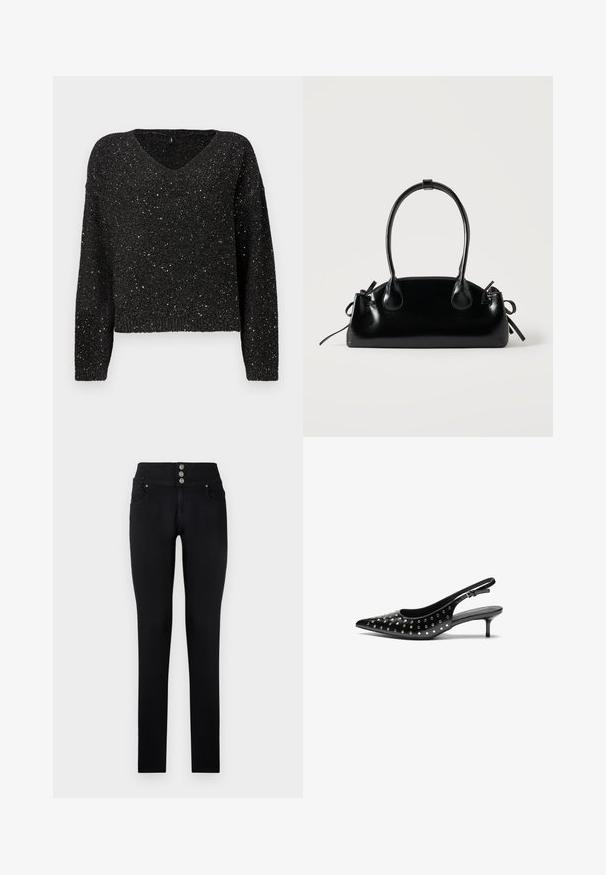 Suéter negro de cuello en V con un corte holgado, que presenta un tejido texturizado con destellos plateados para añadir brillo. Mangas largas con puños acanalados.; Jeans skinny de denim negro con una cintura alta, que presentan tres botones en la parte delantera, dos bolsillos laterales y una textura suave.; Zapatos de tacón slingback de cuero negro con punta afilada y tacón pequeño. Decorados con tachuelas metálicas a lo largo del empeine para añadir textura.; Pequeño bolso negro brillante con dos asas largas y detalles de cordón lateral sobre un fondo claro liso.