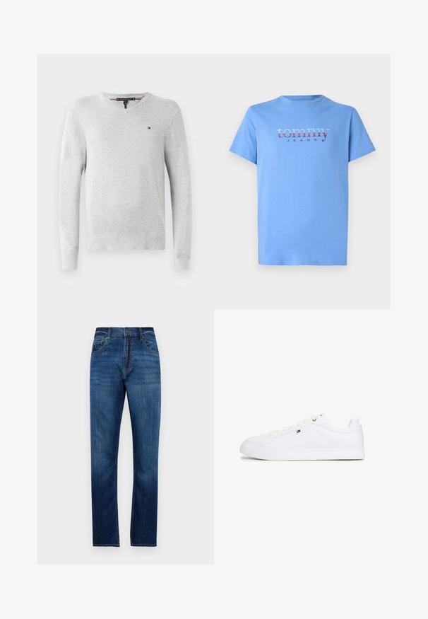 Hellgrauer Pullover aus Strickstoff, mit V-Ausschnitt, langen Ärmeln und einem kleinen Logo auf der Brust. Glatte Textur.; Blaues Baumwoll-T-Shirt mit kurzen Ärmeln. Besondere Merkmale sind "tommy" in bunten Buchstaben und "JEANS" darunter in einer dunkleren Farbe. Rundhalsausschnitt.; Blaue gerade geschnittene Denim-Jeans mit fünf Taschen, Gürtelschlaufen und Knopfverschluss, präsentiert vor einem schlichten weißen Hintergrund.; Weiße Leinwand-Sneaker mit glatter Textur, runder Zehenpartie, flacher Sohle und dezentem Logodetail an der Seite. Klassisches Schnürdesign.