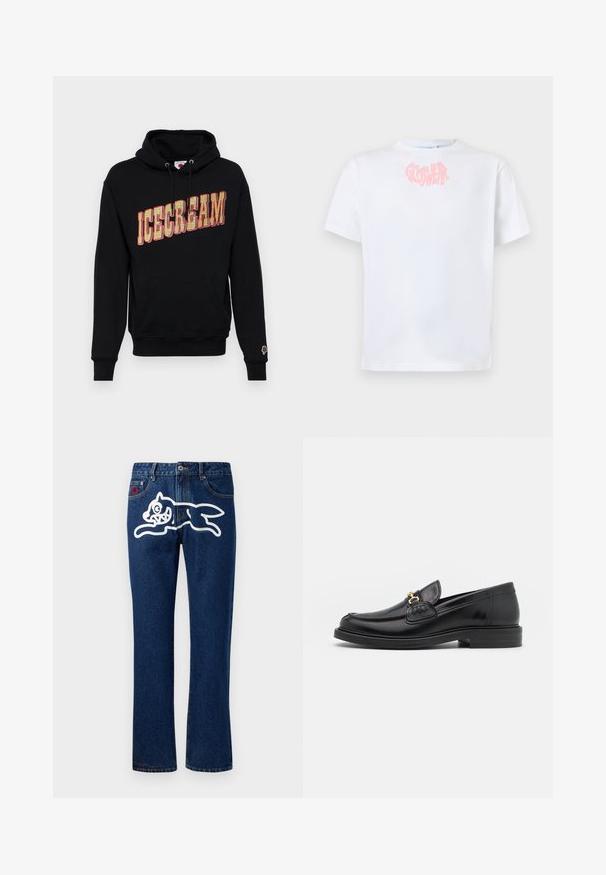 Sort hættetrøje med "ICECREAM" grafik i gul og rød, med en kangaroo lomme og et lille is icon på ærmet. I bomulds materiale.; Hvid T-shirt med korte ærmer og lyserød, forvrænget tekst "GOSWEAR" centreret nær halsudskæringen på en ensfarvet baggrund.; Blå denim jeans med lige ben, der har et stort hvidt grafisk motiv af et springende væsen på den bageste lomme. Standard femlomme-design.; Sorte læder loafers med en rund tå, der har guld hardware accent og syningsdetaljer, placeret på en lav, tekstureret gummisål.