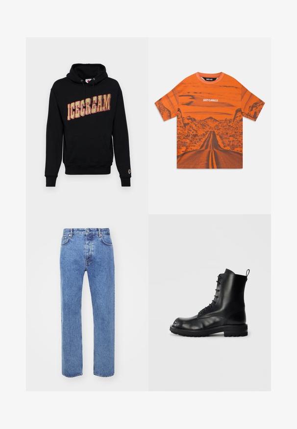 Zwarte hoodie met "ICECREAM" grafiek in geel en rood, met een kangoeroe-pocket en een klein ijsjespictogram op de mouw. Katoenen materiaal.; Oranje katoenen t-shirt met een grafische print van een woestijnweg met bergen, korte mouwen en een ronde halslijn. Inclusief "JUST CAVALLI" logo.; Won Hundred STEVE - Relaxed fit jeans - cut blue; Zwarte leren vetercombatlaars met dikke zool en trekhaak aan de achterkant, van de zijkant getoond op een effen lichte achtergrond.