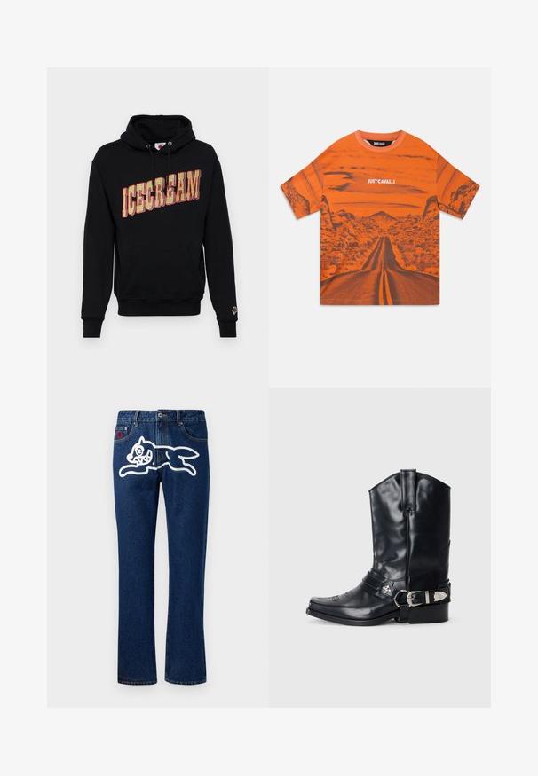 Sort hættetrøje med "ICECREAM" grafik i gul og rød, med en kangaroo lomme og et lille is icon på ærmet. I bomulds materiale.; Orange bomulds t-shirt med et grafisk print af en ørkenvej med bjerge, korte ærmer og rund halsudskæring. "JUST CAVALLI" logoet er inkluderet.; Blå denim jeans med lige ben, der har et stort hvidt grafisk motiv af et springende væsen på den bageste lomme. Standard femlomme-design.; Sort læder cowboystøvle med spidse tæer, høj skaft, dekorativ stitching og sølv spændehardware på remmen. Tekstureret overflade.