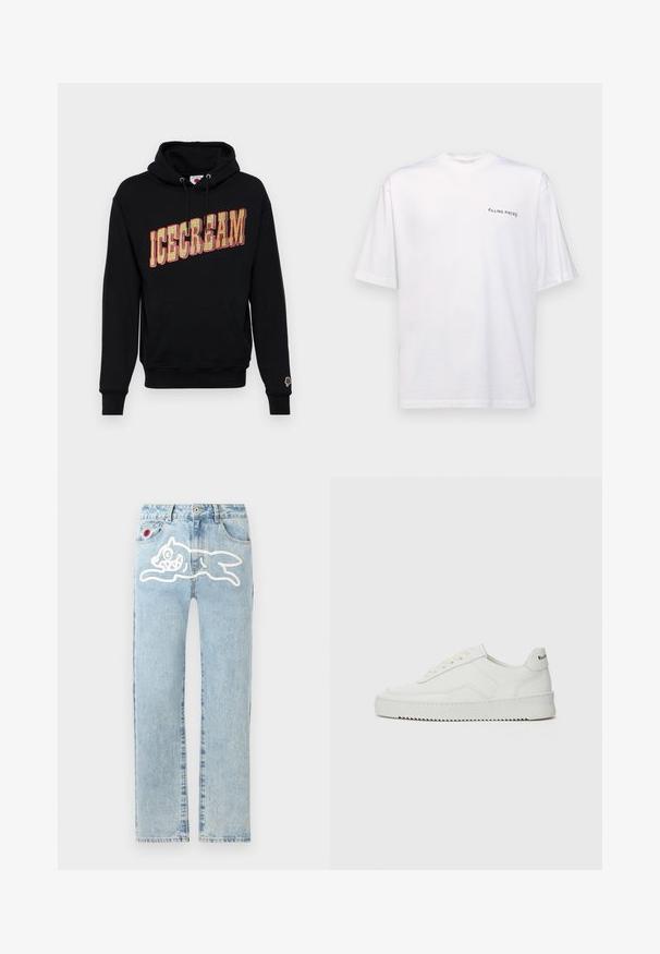 Sort hættetrøje med "ICECREAM" grafik i gul og rød, med en kangaroo lomme og et lille is icon på ærmet. I bomulds materiale.; Hvid kortærmet t-shirt i bomuld med v-hals, med et sort "FILLING PIECES" logo trykt på venstre side.; Icecream RUNNING DOG PANT - Jeans Straight Leg - heavy wash blue; Hvide lædersneakers med en glat overflade, rund tå, flade snørebånd og en tekstureret sål. Har et diskret logo på hælen.