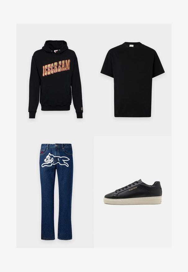 Zwarte hoodie met "ICECREAM" grafiek in geel en rood, met een kangoeroe-pocket en een klein ijsjespictogram op de mouw. Katoenen materiaal.; Zwarte katoen t-shirt met ronde hals, korte mouwen en rechte snit. Geen zichtbare patronen of hardwaredetails.; Blauwe denim jeans met rechte benen, met een grote witte afbeelding van een springend wezen op de achterzak. Standaard vijfzakendesign.; Zwarte leren sneaker met een gladde afwerking, contrasterende crèmekleurige zool, ronde neus, gouden logo aan de zijkant en zes gaatjes voor veters.