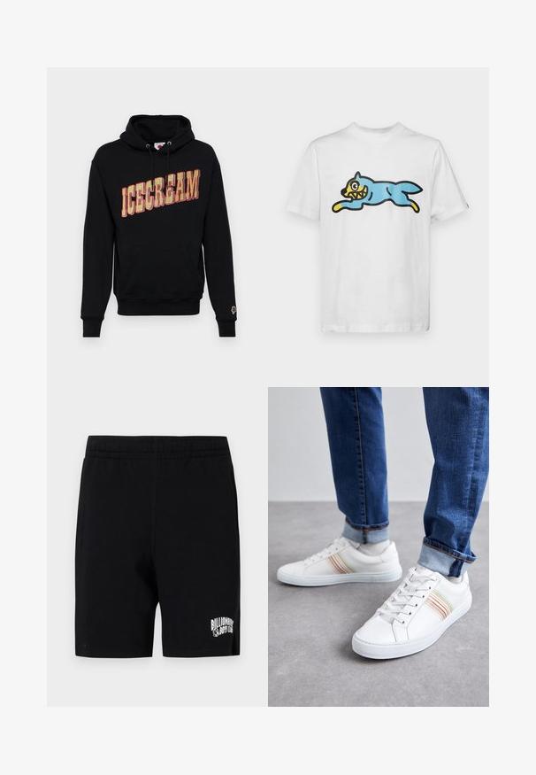 Schwarzer Kapuzenpullover mit "ICECREAM" Grafik in Gelb und Rot, ausgestattet mit einer Kängurutasche und einem kleinen Eissymbol auf dem Ärmel. Aus Baumwollmaterial.; Weißes Baumwoll-T-Shirt mit einem blauen, cartoonartigen Kater mit gelbem Gesicht und scharfen Zähnen, der in einer springenden Pose dargestellt ist.; Schwarze Shorts aus weichem Baumwollmix mit einem elastischen Bund, versehen mit einem weißen Logo auf dem linken Bein und Seitentaschen.; Weiße Leder-Sneaker mit mehrfarbigen Streifen, Schnürdesign, Gummisohle und gepolstertem Kragen, kombiniert mit blauen Jeans.