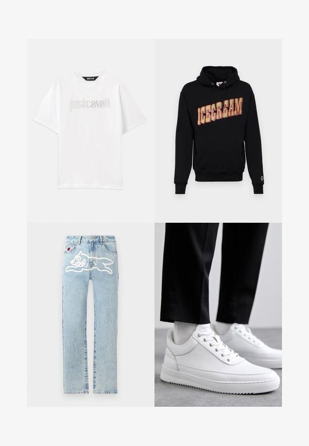 Zwarte hoodie met "ICECREAM" grafiek in geel en rood, met een kangoeroe-pocket en een klein ijsjespictogram op de mouw. Katoenen materiaal.; Witte katoenen T-shirt met korte mouwen en een relaxte pasvorm. Heeft "Just Cavalli" in zilver geborduurd over de borst.; Icecream RUNNING DOG PANT - Straight leg jeans - heavy wash blue; Witte leren sneakers met een platte rubberen zool, met een soepele afwerking, ronde neus en metalen oogjes voor de veters. Draag ze met een zwarte broek.