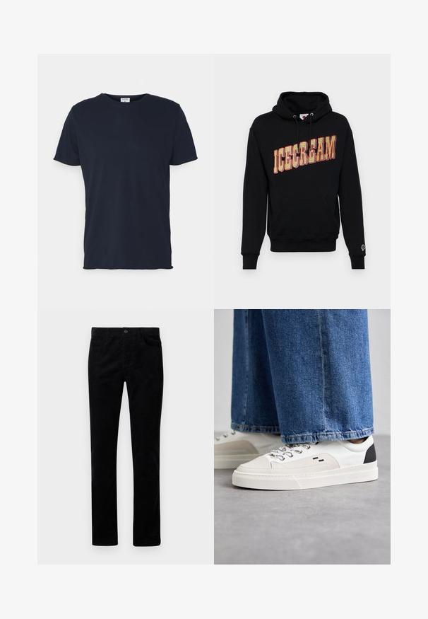Sudadera negra con un gráfico de "ICECREAM" en amarillo y rojo, que cuenta con un bolsillo tipo canguro y un pequeño icono de helado en la manga. Material de algodón.; Camiseta de algodón azul marino con cuello redondo y mangas cortas, de textura suave y diseño simple, sin patrones ni acentos visibles.; Pantalones de pana negros con un diseño de pierna recta, que cuentan con bolsillos frontales y cierre de botón metálico. Textura suave con canalones verticales.; Zapatillas blancas y negras con una parte superior de cuero suave, acentos texturizados y una suela blanca gruesa. Presenta un diseño clásico de cordones.