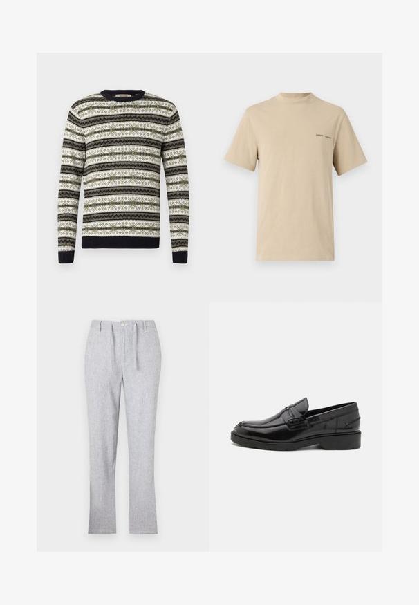 Rundhals-Pullover mit grünem, schwarzem und weißem horizontalem Fair-Isle-Muster, mit gerippten Bündchen und Saum, auf weißem Hintergrund präsentiert.; Beige Baumwoll-T-Shirt mit rundem Ausschnitt und kurzen Ärmeln. Mit dezentem schwarzen "SAMSOE"-Textlogo auf der Brust.; Hellgraue Hose aus strukturiertem Stoff, mit Knopfverschluss, Gürtelschlaufen und geradem Bein-Design. Keine sichtbaren Muster.; Schwarze Lederloafers mit glatter Oberfläche, abgerundetem Zehenbereich, niedrigem Absatz und dekorativer Naht entlang der Vorderseite. Gummisohle für guten Halt.